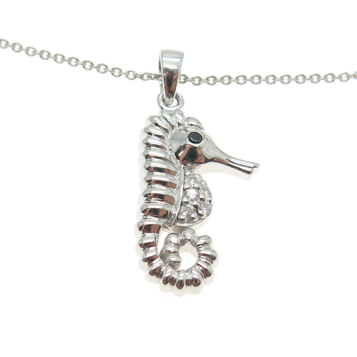 925 Sterling Silver White & Black C Z Seahorse Pendant Rolo Chain Necklace 18"