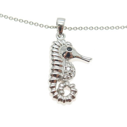 925 Sterling Silver White & Black C Z Seahorse Pendant Rolo Chain Necklace 18"