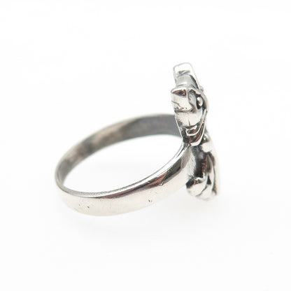 925 Sterling Silver Vintage Cat Cartoon Style Oxidized Ring Size 7.75