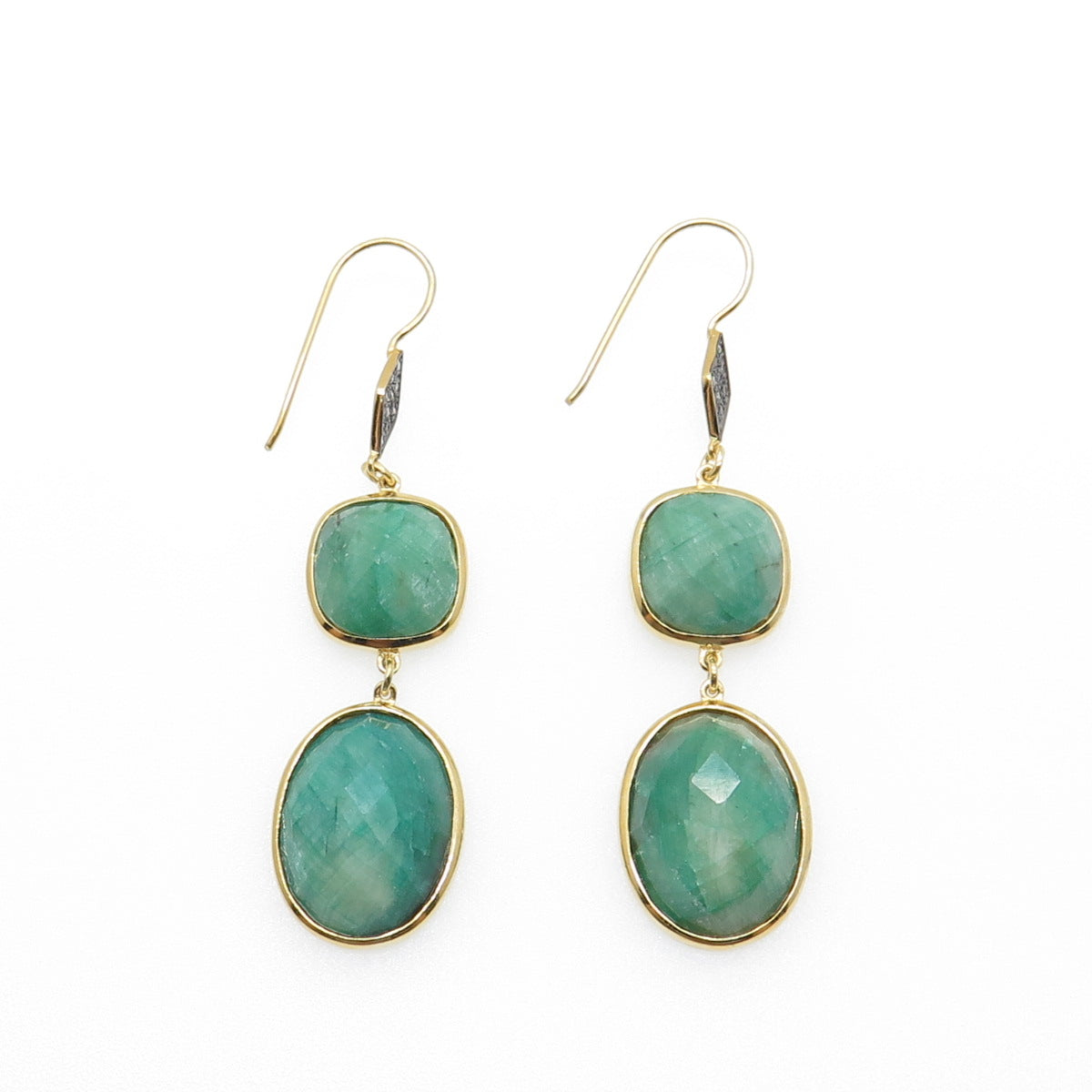 925 Sterling Silver Gold Plated Real Diamond & Emerald Dangle Earrings