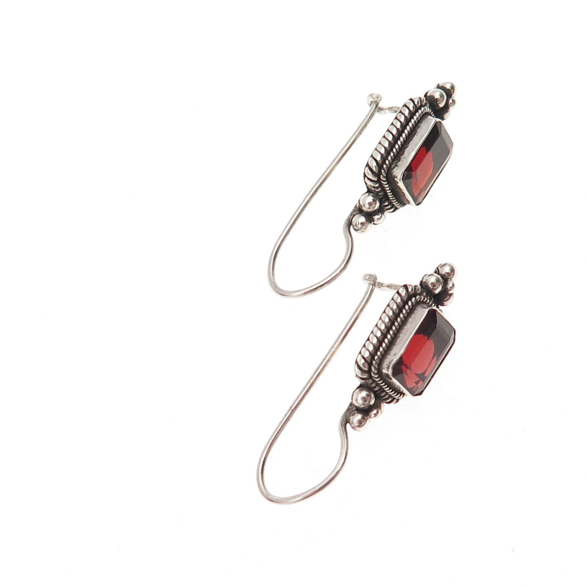 925 Sterling Silver Vintage Real Emerald-Cut Red Garnet Beaded Oxidized Earrings