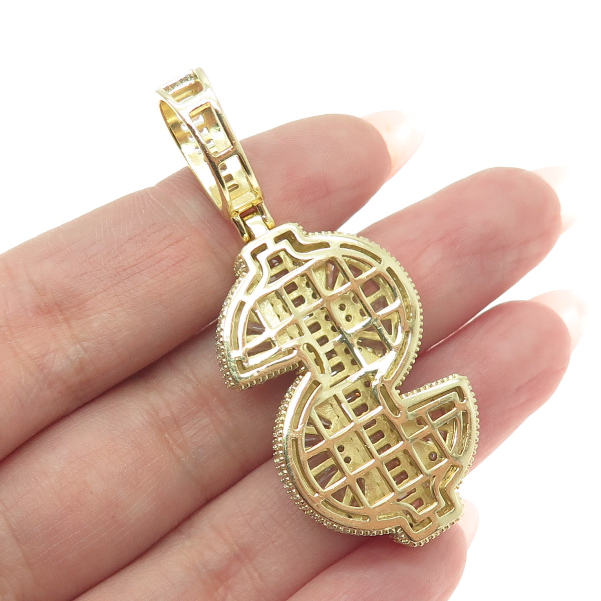 925 Sterling Silver Gold Plated Multi-C Z Dollar Sign Pendant