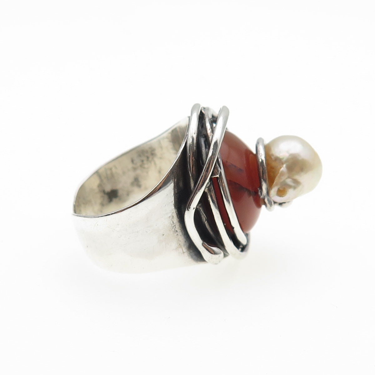 925 Sterling Vintage Spain Real Pearl & Agate Modernist Adjustable Ring Size 7.5