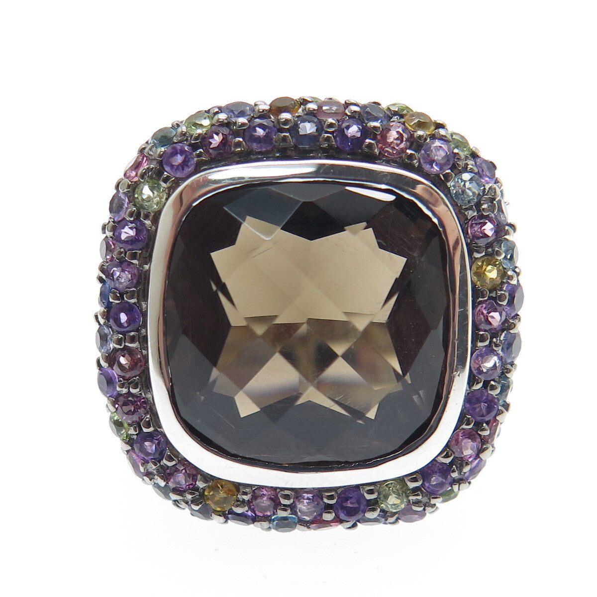 DSMK 925 Sterling Silver Real Multi-Color Gemstone Cushion Ring Size 7.25