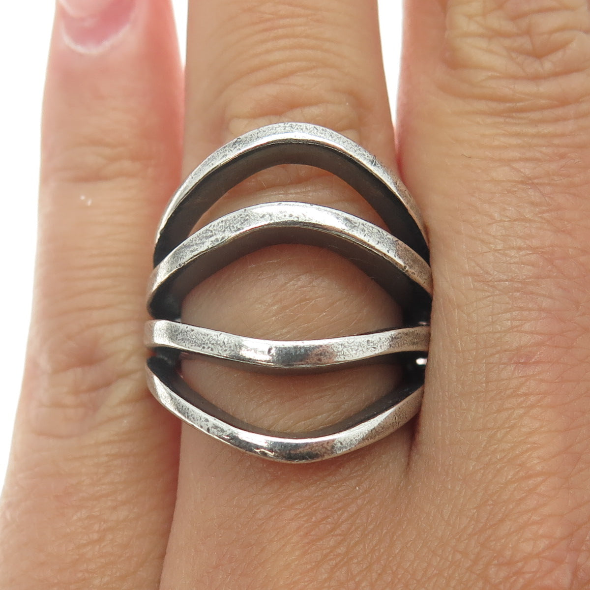 925 Sterling Silver Vintage Modernist Multi-Row Oxidized Ring Size 7