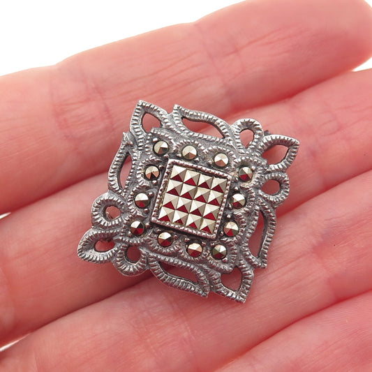 925 Sterling Silver Vintage Real Marcasite Oxidized Pin Brooch