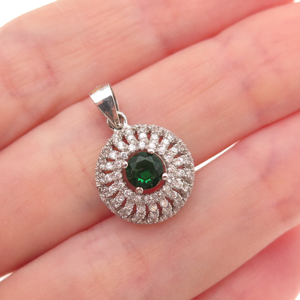 925 Sterling Silver Round-Cut Green & White C Z Charm Pendant