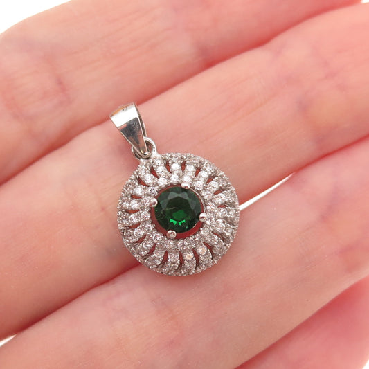 925 Sterling Silver Round-Cut Green & White C Z Charm Pendant