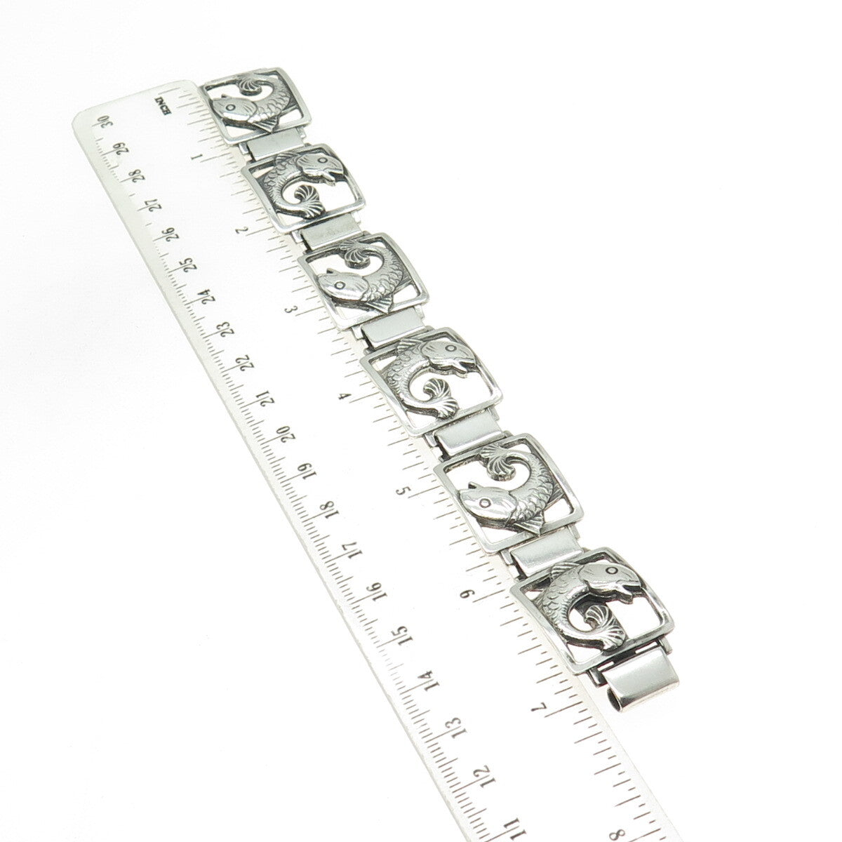 EILER & MARLOE 830S Silver Antique Denmark Fish Panel Link Bracelet 7.25" #131