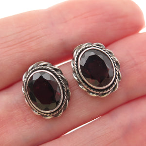 925 Sterling Silver Vintage Real Red Garnet Oxidized Stud Earrings