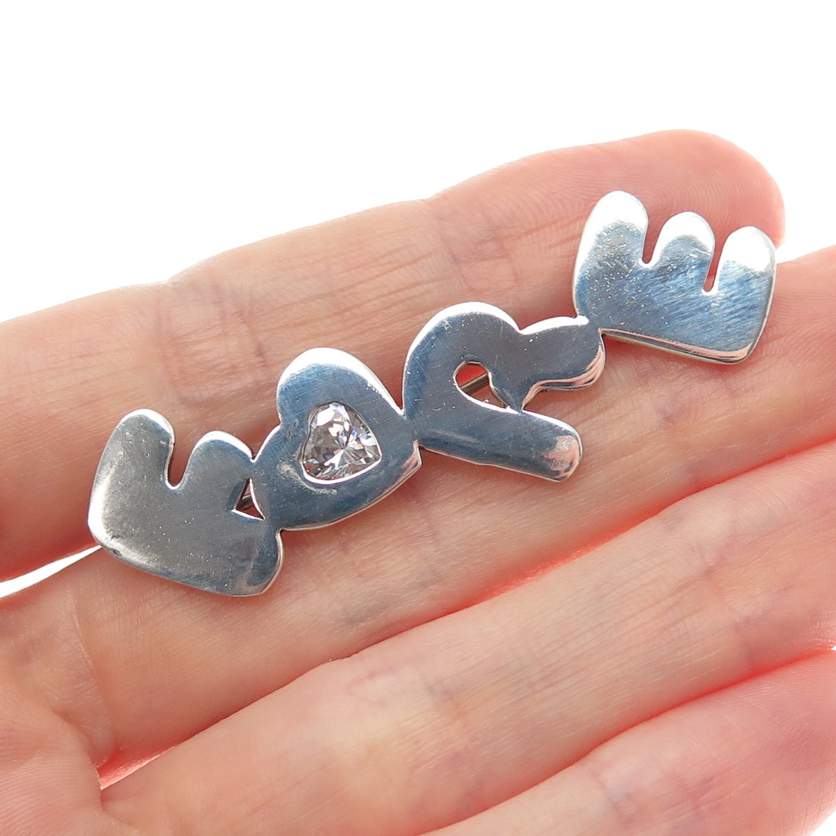925 Sterling Silver Vintage Heart-Cut C Z Fore Pin Brooch
