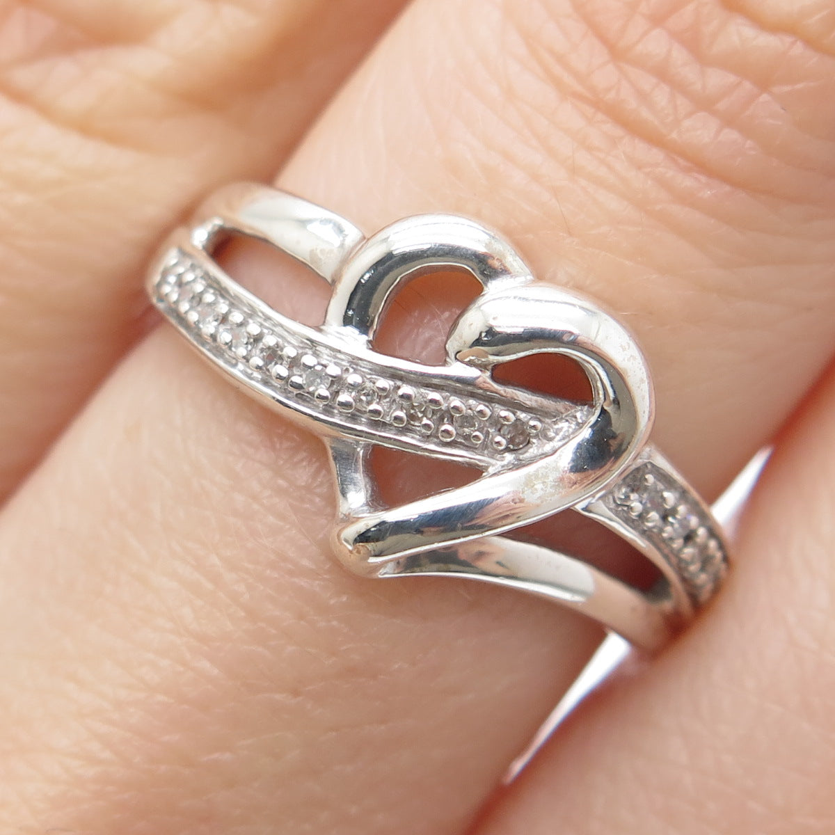 925 Sterling Silver Real Round-Cut Diamond Heart Ring Size 7
