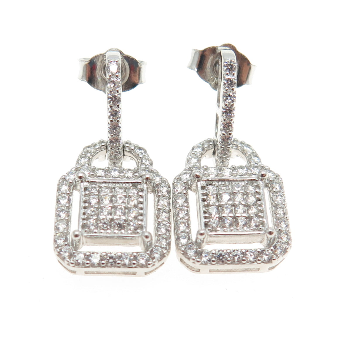 925 Sterling Silver Pave C Z Padlock Dangling Earrings