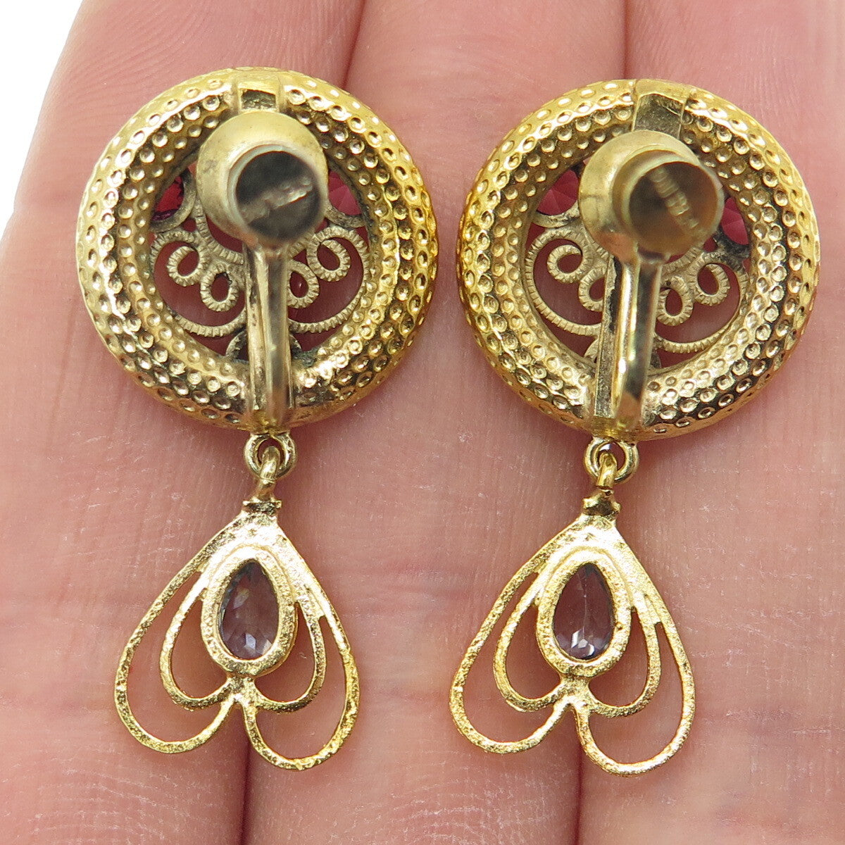925 Sterling Silver Gold Plated Vintage Rhinestone Heart Screw Back Earrings
