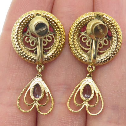 925 Sterling Silver Gold Plated Vintage Rhinestone Heart Screw Back Earrings