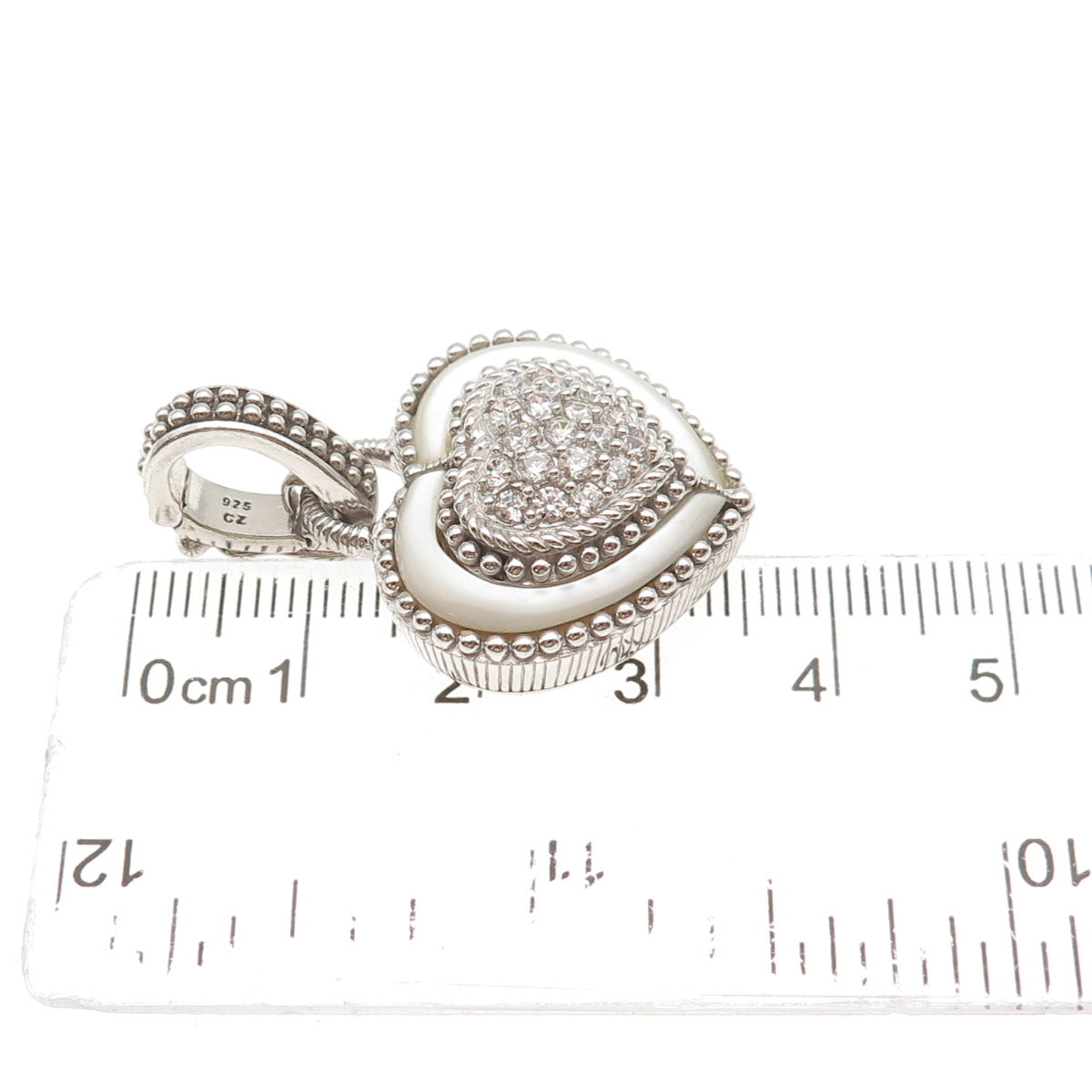Judith Ripka 925 Sterling Silver Real MOP & Round-Cut C Z Heart Charm Pendant