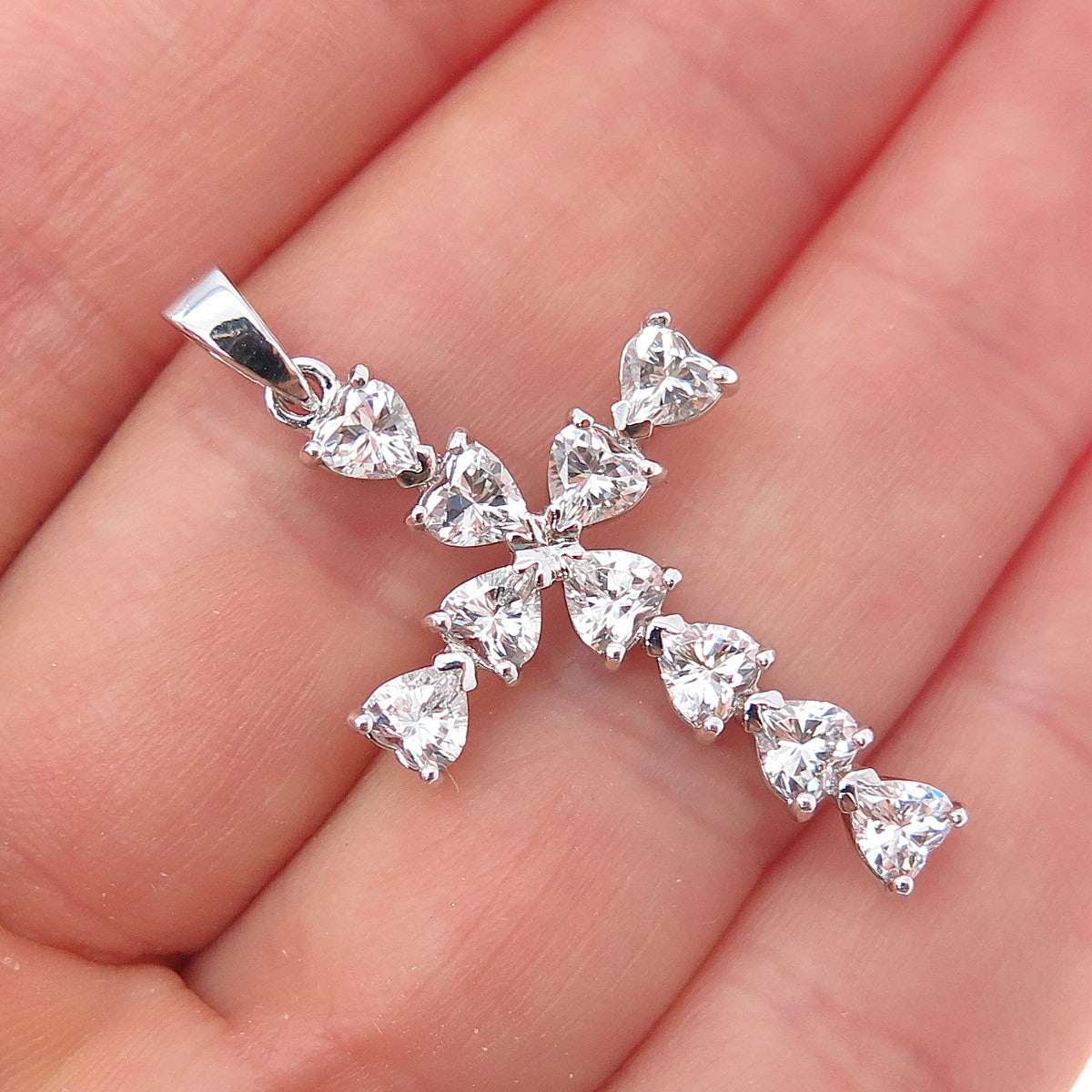 925 Sterling Silver Heart-Cut C Z Cross Charm Pendant