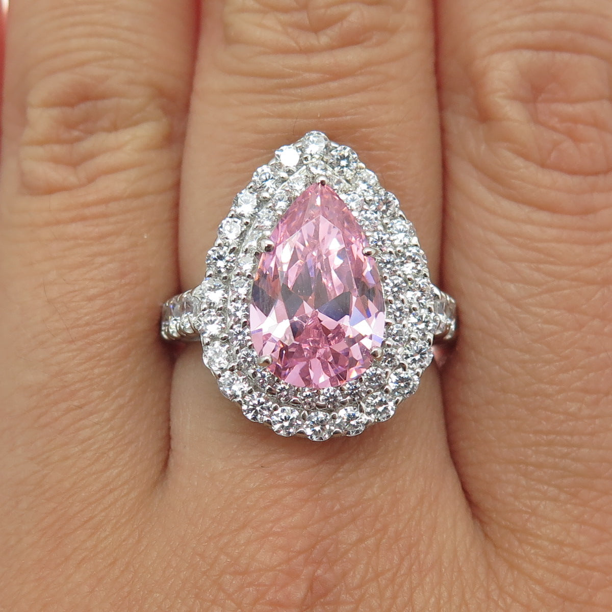 925 Sterling Silver Pear & Round-Cut Pink White C Z Promise Ring Size 7.75