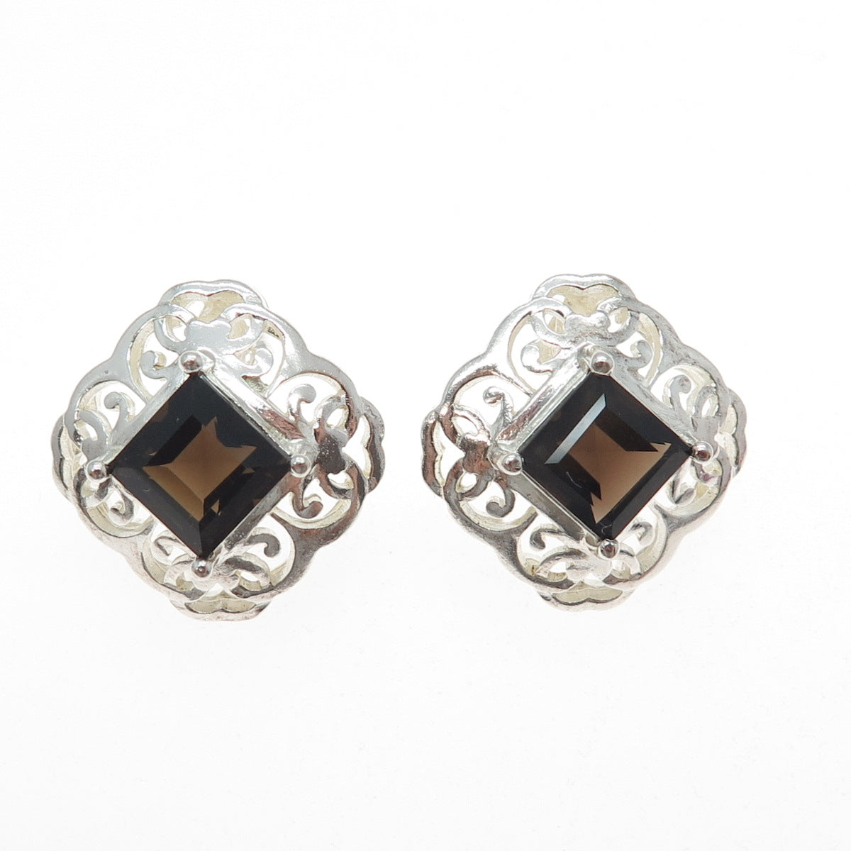 CLYDE DUNEIER CID 925 Sterling Silver Vintage Real Smoky Quartz Ornate Earrings