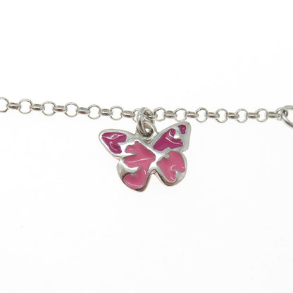 925 Sterling Silver Enamel Butterfly & Heart Charm Rolo Link Bracelet 7"