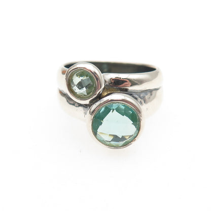 925 Sterling Silver Vintage Round-Cut Blue C Z Modernist 2-Row Ring Size 7