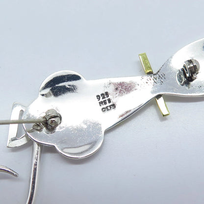 925 Sterling Silver 3-Tone Vintage Mexico Cat Pin Brooch