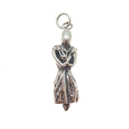 925 Sterling Silver Vintage Modernist Praying Woman Oxidized Charm Pendant