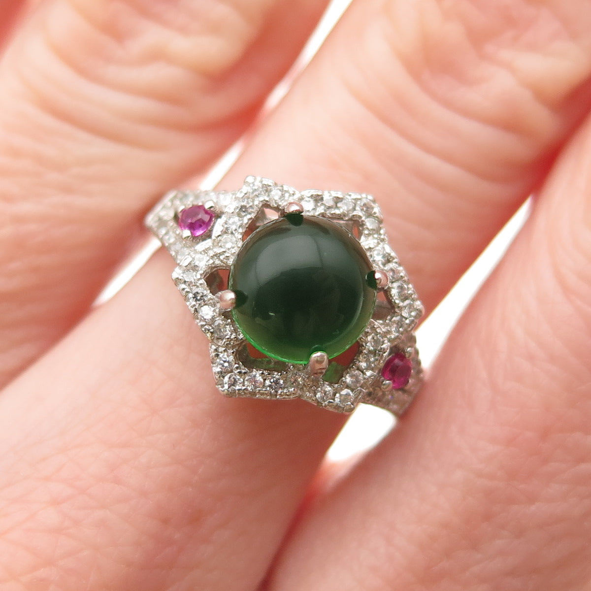 Sam & Co. 925 Sterling Silver Real Green White & Pink C Z Ring Size 6