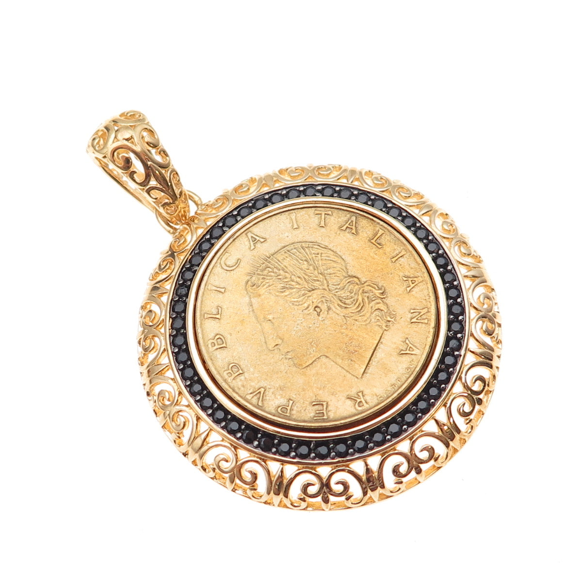 Bellezza Gold Plated Frame Vintage 1980 Italy 20 Lire Coin Charm Pendant