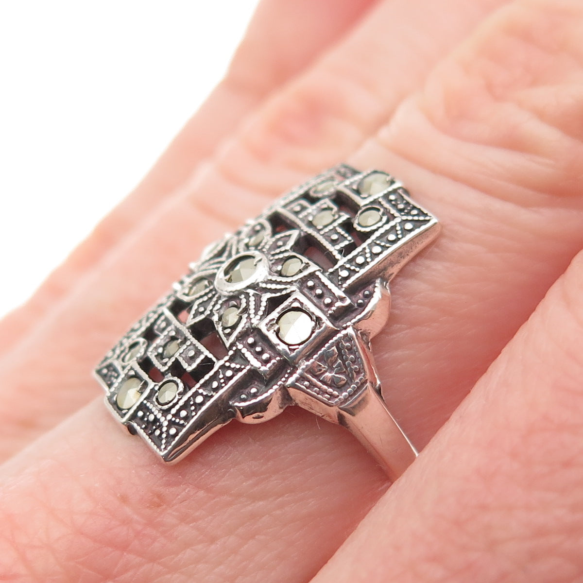 UNCAS Sterling Silver Antique Art Deco Real Marcasite Oxidized Ring Size 5.25