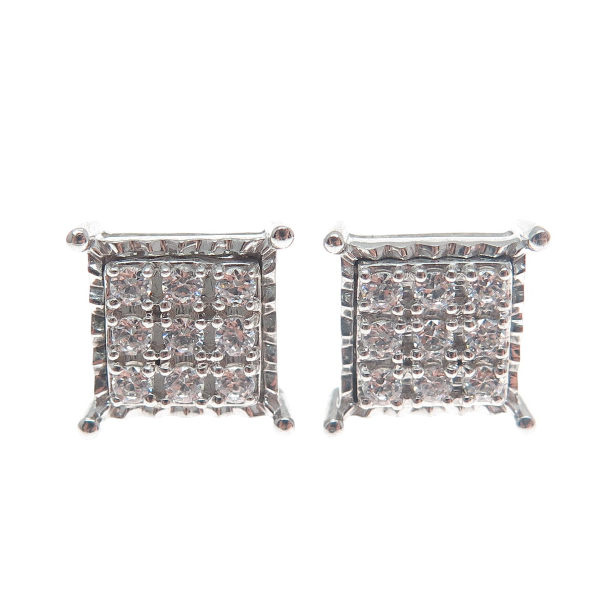 925 Sterling Silver Round-Cut Shaped C Z Sparkle Square Stud Earrings