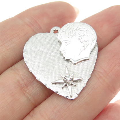 MARC MERCY 925 Sterling Silver Vintage C Z Boy Silhouette Engraved Heart Pendant