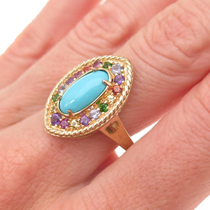 D'Joy 925 Sterling Silver Gold Plated Real Turquoise & Multi-Gem Ring Size 8