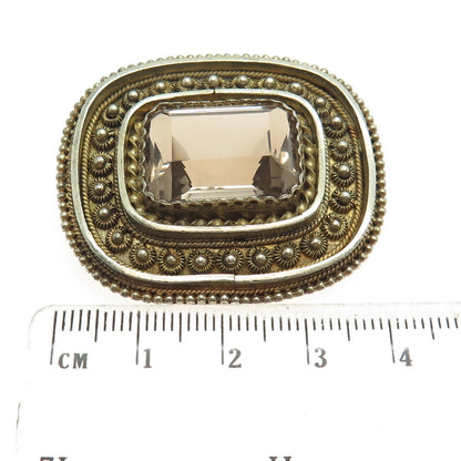 935 Silver Gold Plated Vintage Israel Smoky Quartz Cannetille Brooch / Pendant