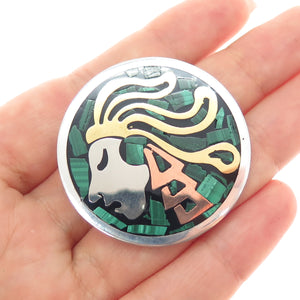 925 Sterling Silver 3-Tone Vintage Mexico Real Malachite Warrior Brooch Pendant