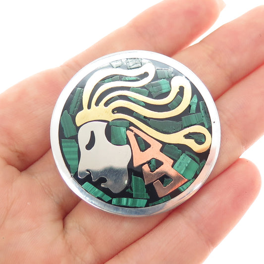 925 Sterling Silver 3-Tone Vintage Mexico Real Malachite Warrior Brooch Pendant