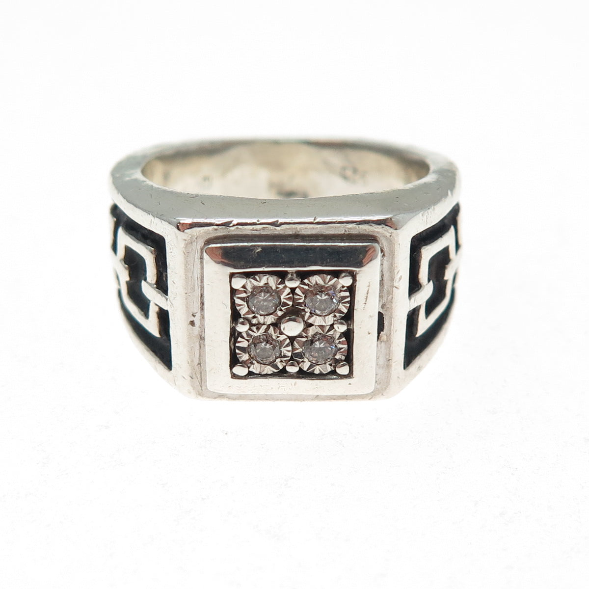 925 Sterling Silver Vintage Real Round-Cut Diamond Oxidized Ring Size 7