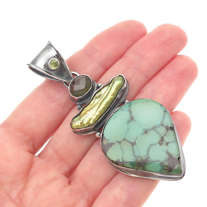 925 Sterling Silver Vintage Real Turquoise Pearl Tourmaline & Peridot Pendant