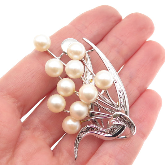 925 Sterling Silver Antique Japan Real Akoya Pearl Floral Pin Brooch