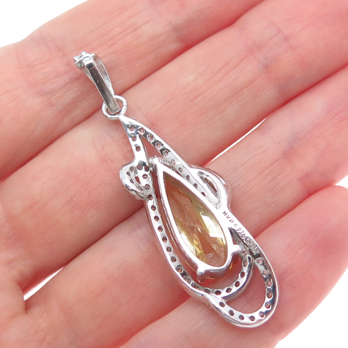 925 Sterling Silver Pear-Cut Canary & Round-Cut White C Z Twisted Charm Pendant