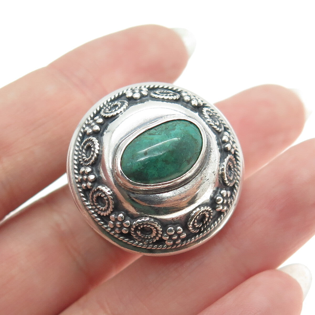925 Sterling Silver Vintage Israel Real Turquoise Gemstone Flask / Jar Cap