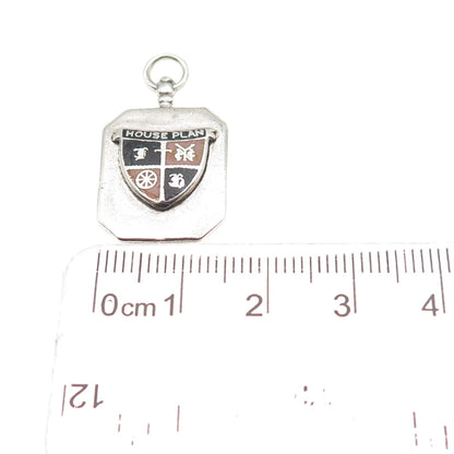 925 Sterling Silver Antique Art Deco Enamel House Plan Coat of Arms Fob Pendant