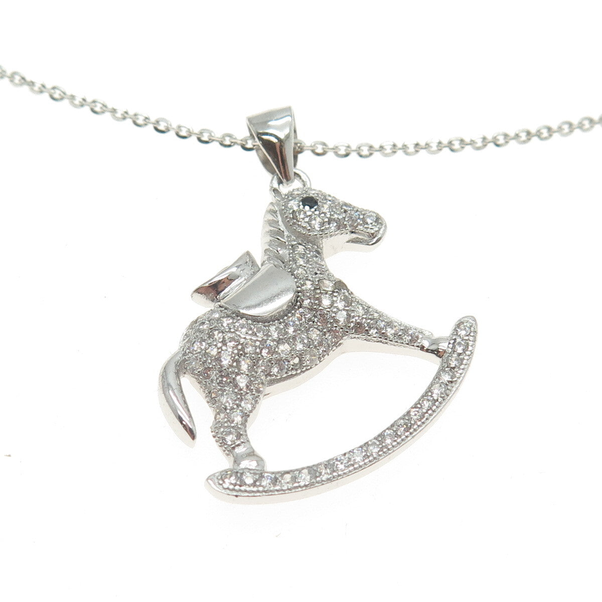 925 Sterling Silver Round-Cut Black & White C Z Rocking Horse Chain Necklace 16"