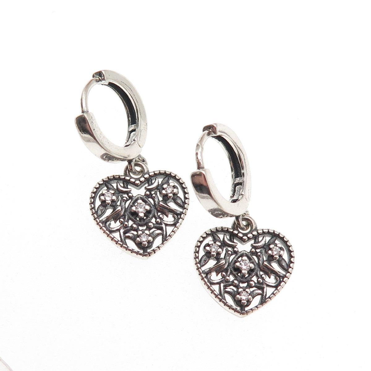 925 Sterling Silver Round-Cut C Z Oxidized Heart Dangle Charm Hoop Earrings