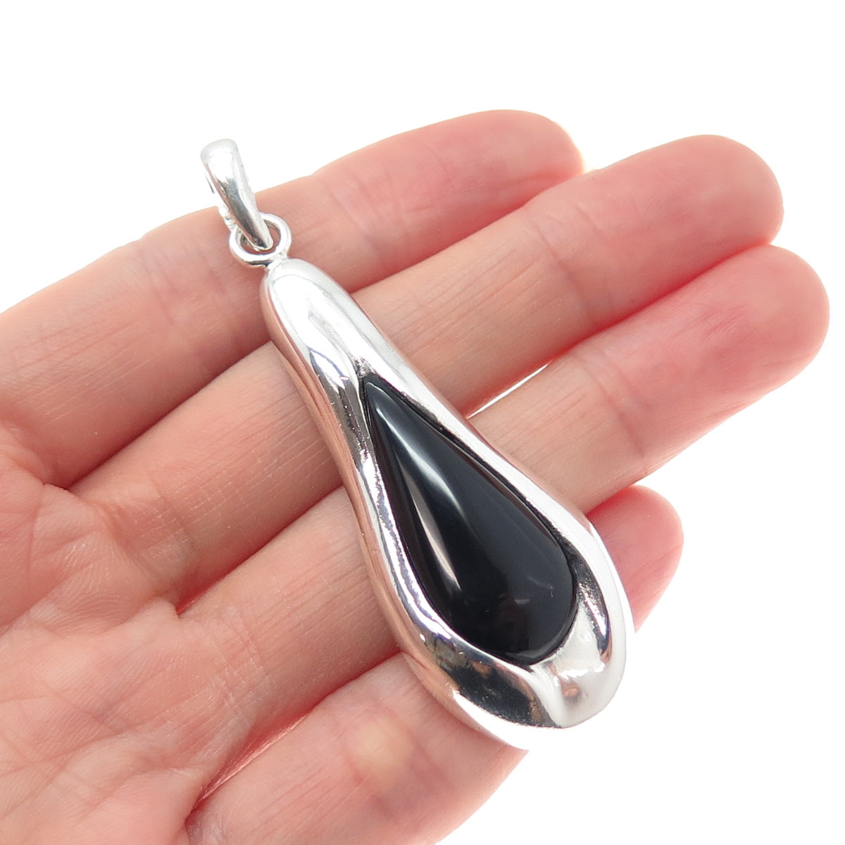 BARSE 925 Sterling Silver Vintage Real Black Onyx Modernist Teardrop Pendant