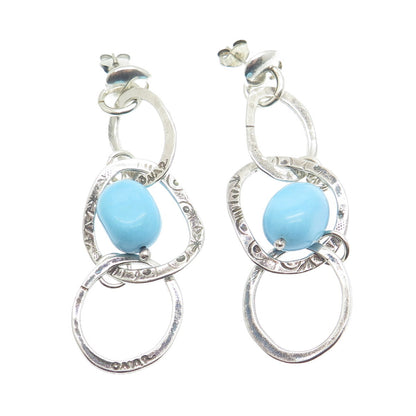 925 Sterling Silver Vintage Real Turquoise Modernist Drop Circle Dangle Earrings