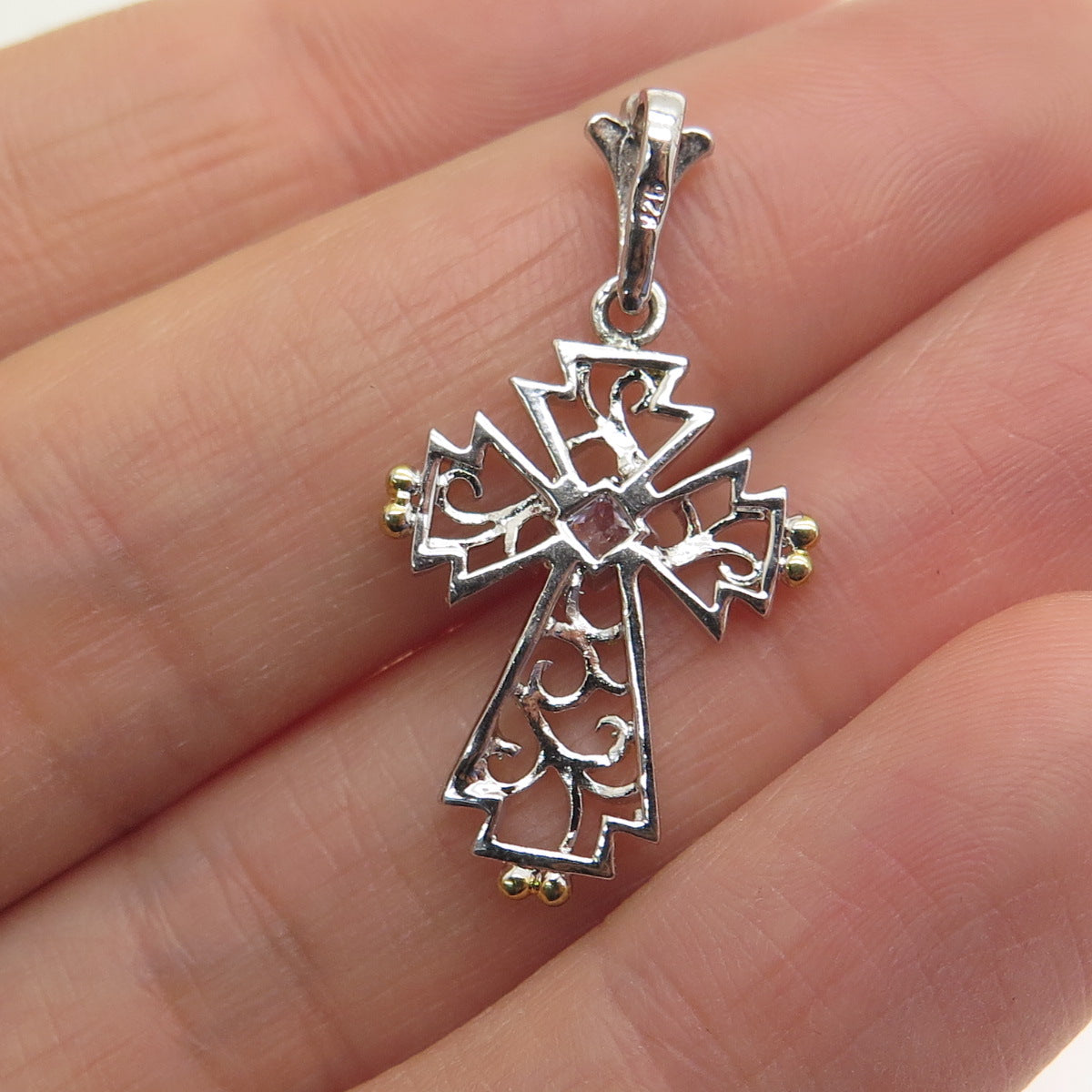 925 Sterling Silver 2-Tone Princess-Cut Lavender C Z Cross Minimalist Pendant