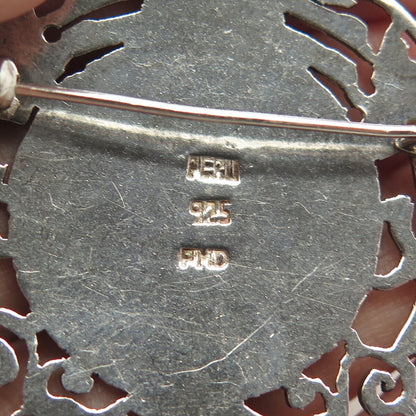 925 Sterling Silver Vintage PMD Peru Goddess Tribal Large Round Pin Brooch
