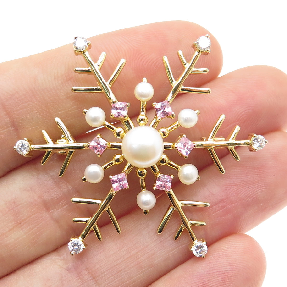 925 Sterling Silver Gold Plated Real Pearl & Pink C Z Snowflake Pin Brooch