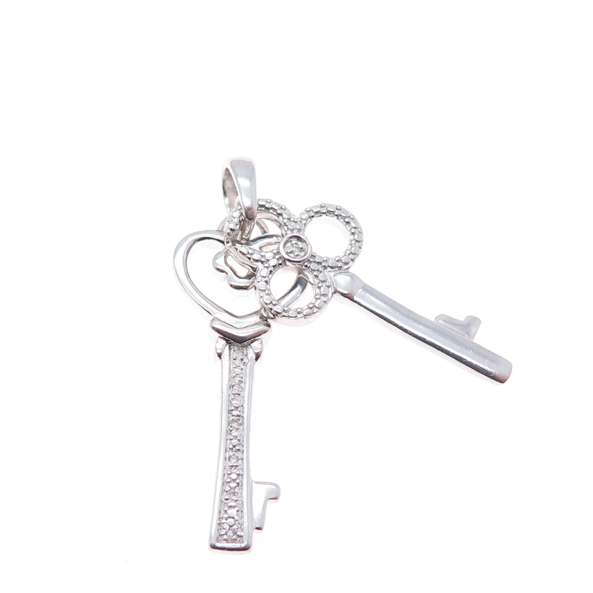 925 Sterling Silver Real Round-Cut Diamond Heart & Club Key Charm Pendant
